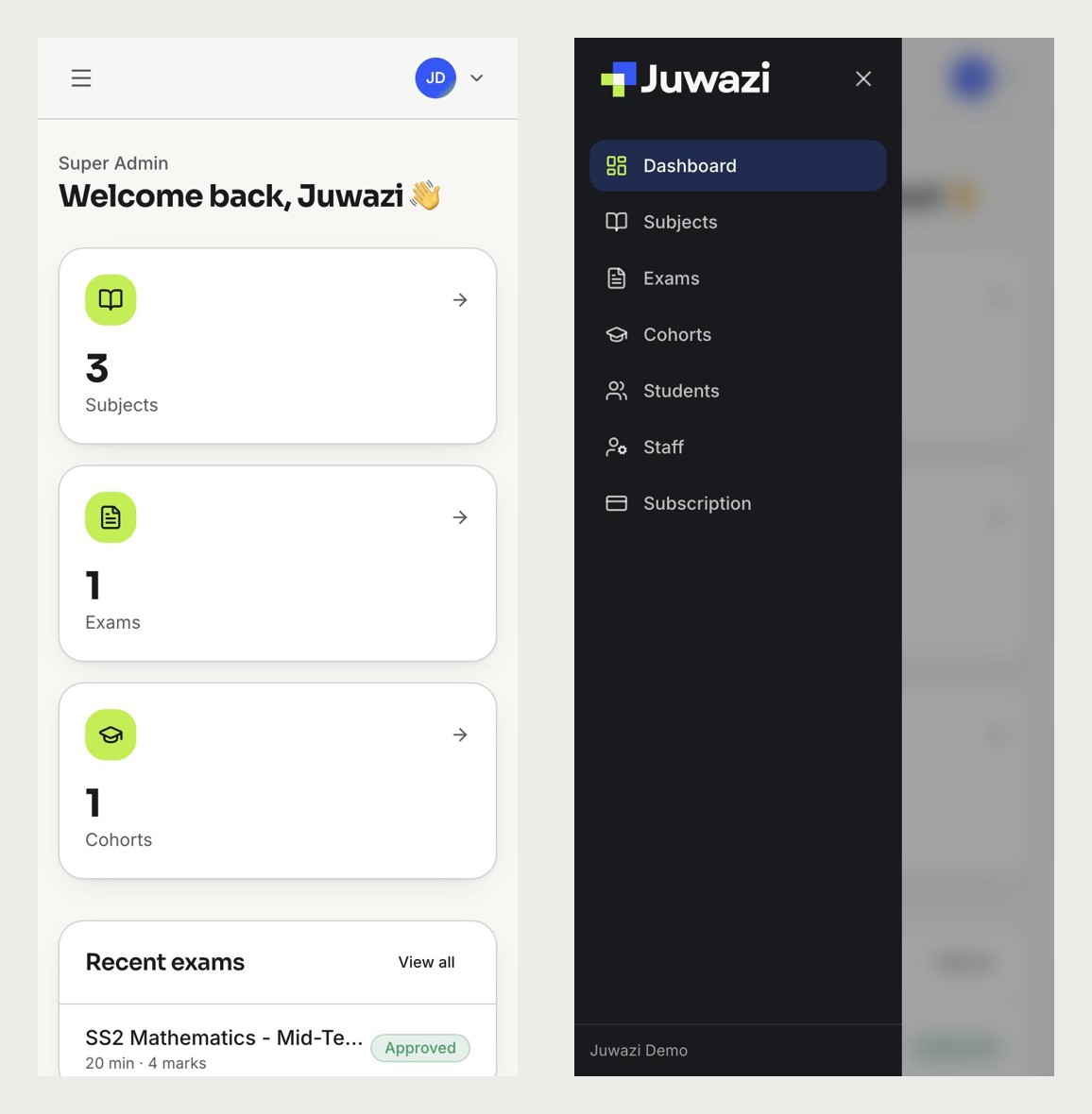 Juwazi on a phone: on the left the dashboard with cards stacked, on the right the menu opened over it