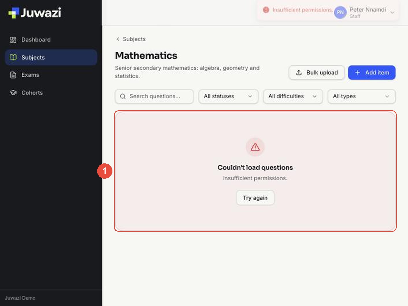 Subject page showing the Couldn't load questions message