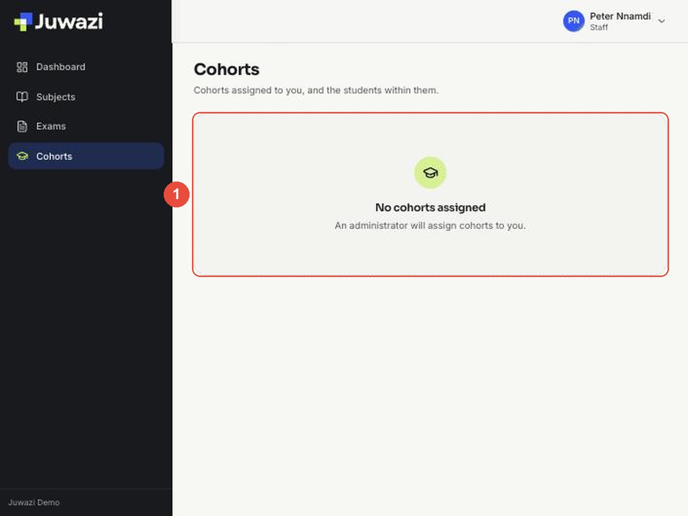 Cohorts page showing No cohorts assigned
