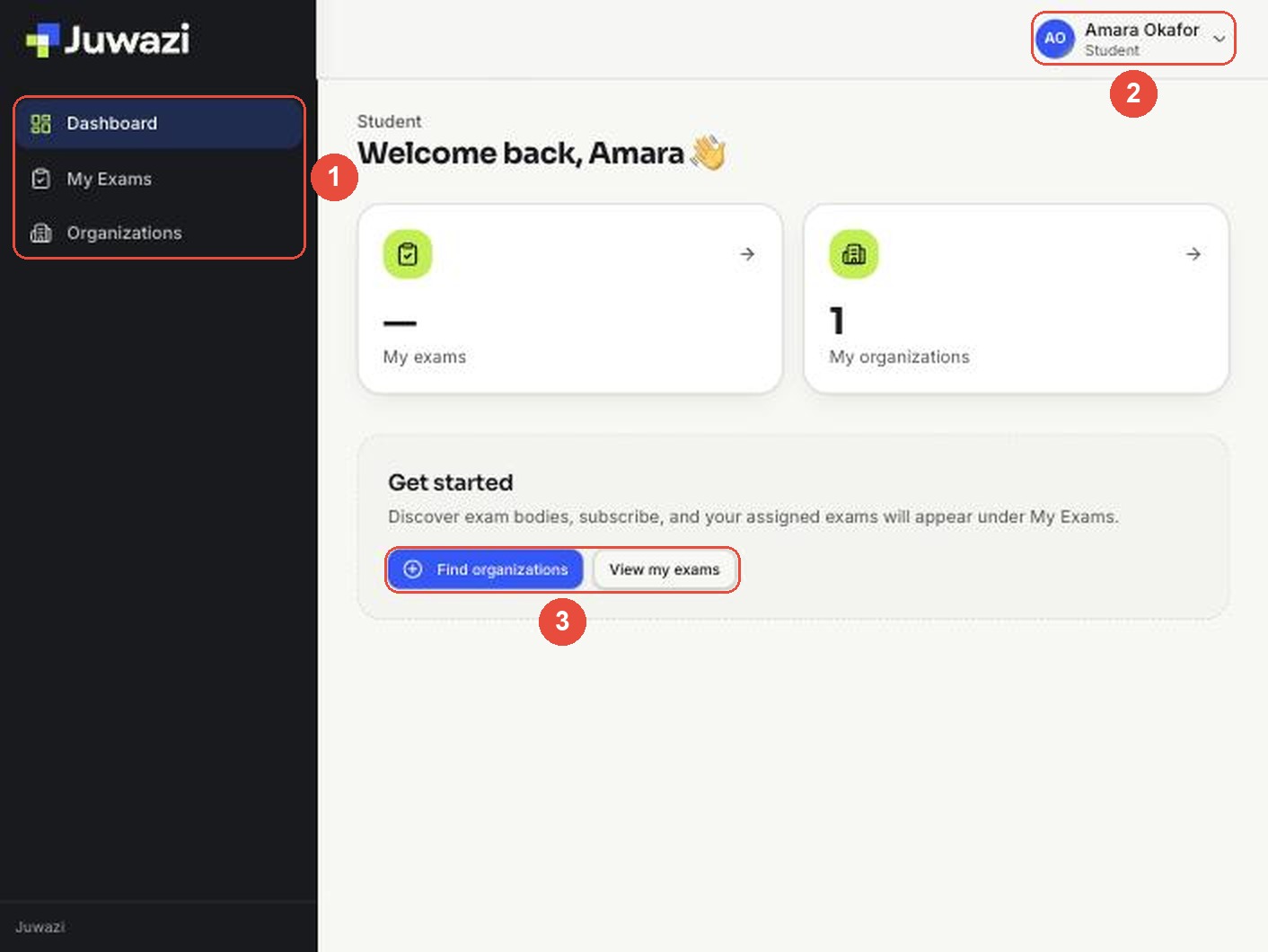 Student dashboard with the menu, name and View my exams shortcut marked