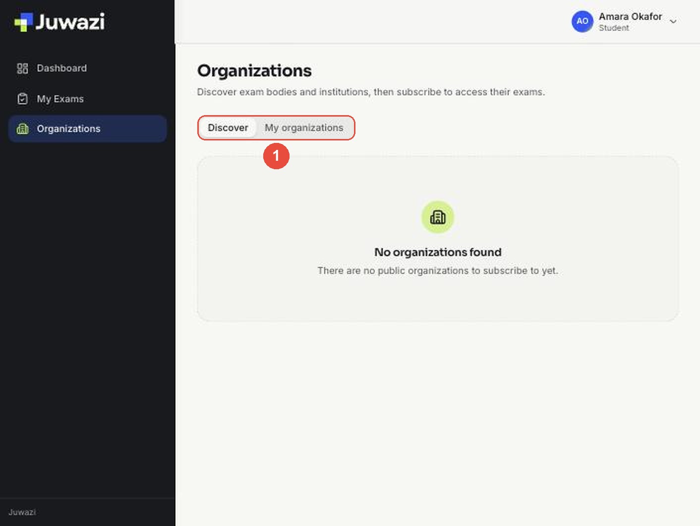 Organizations page with the Discover and My organizations tabs marked