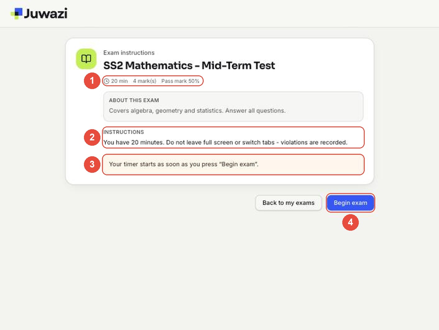Exam instructions page with the exam details, instructions, timer reminder and Begin exam marked