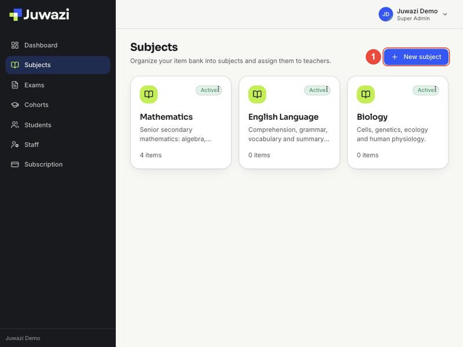 The Subjects page with the New subject button highlighted (1)