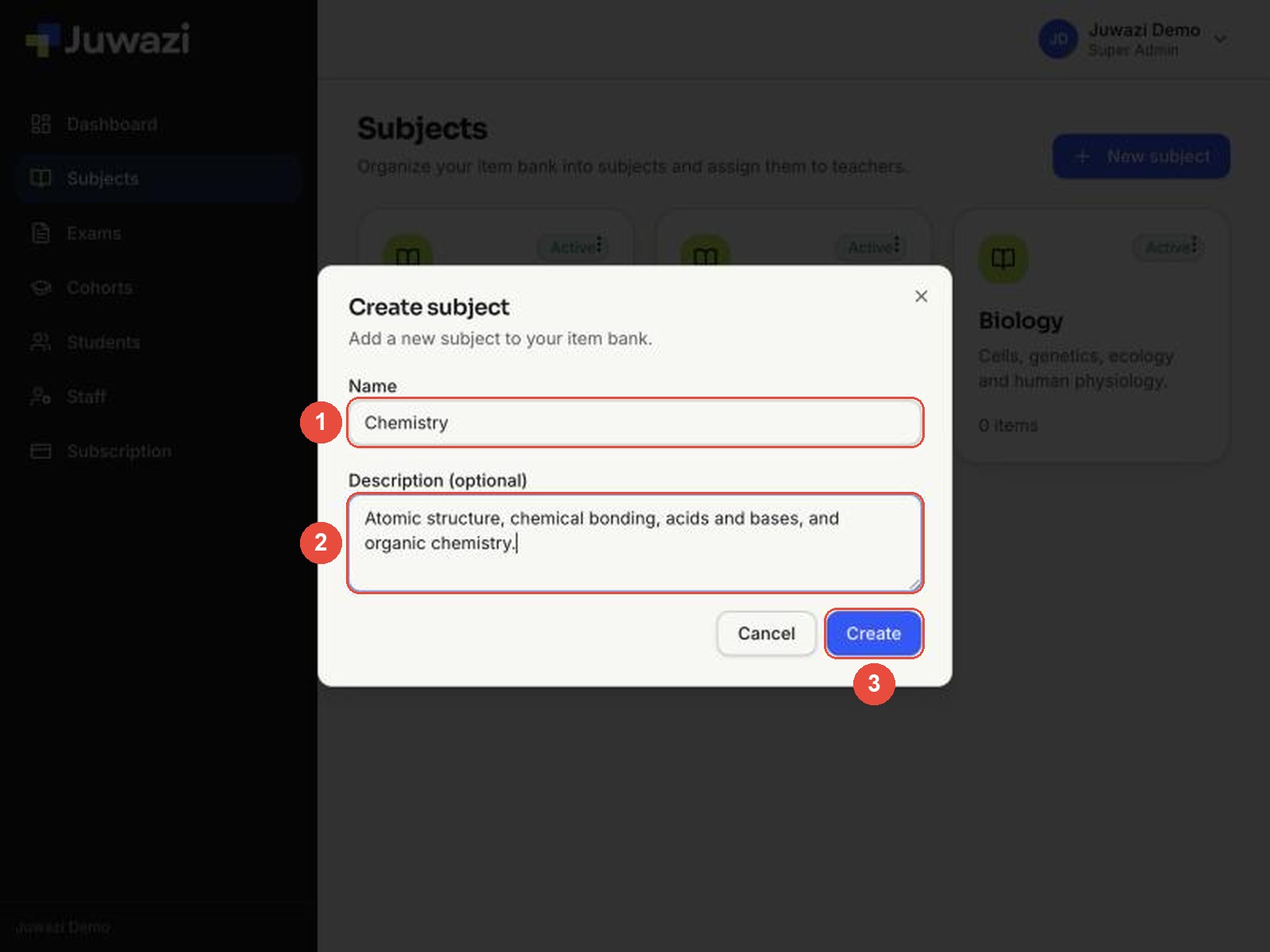 The Create subject form with callouts: 1 Name, 2 Description, 3 Create button