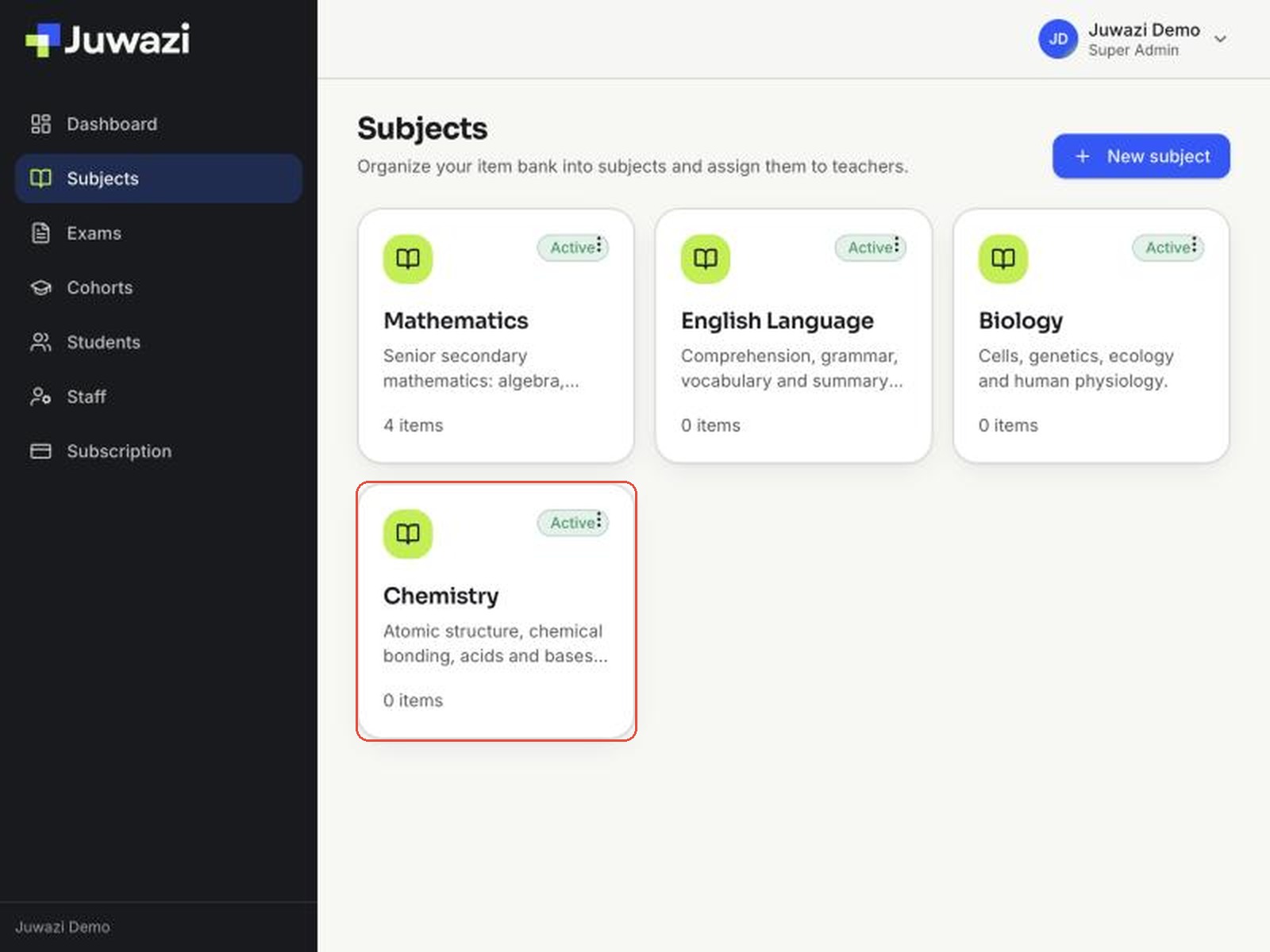 The Subjects page with the new Chemistry card highlighted