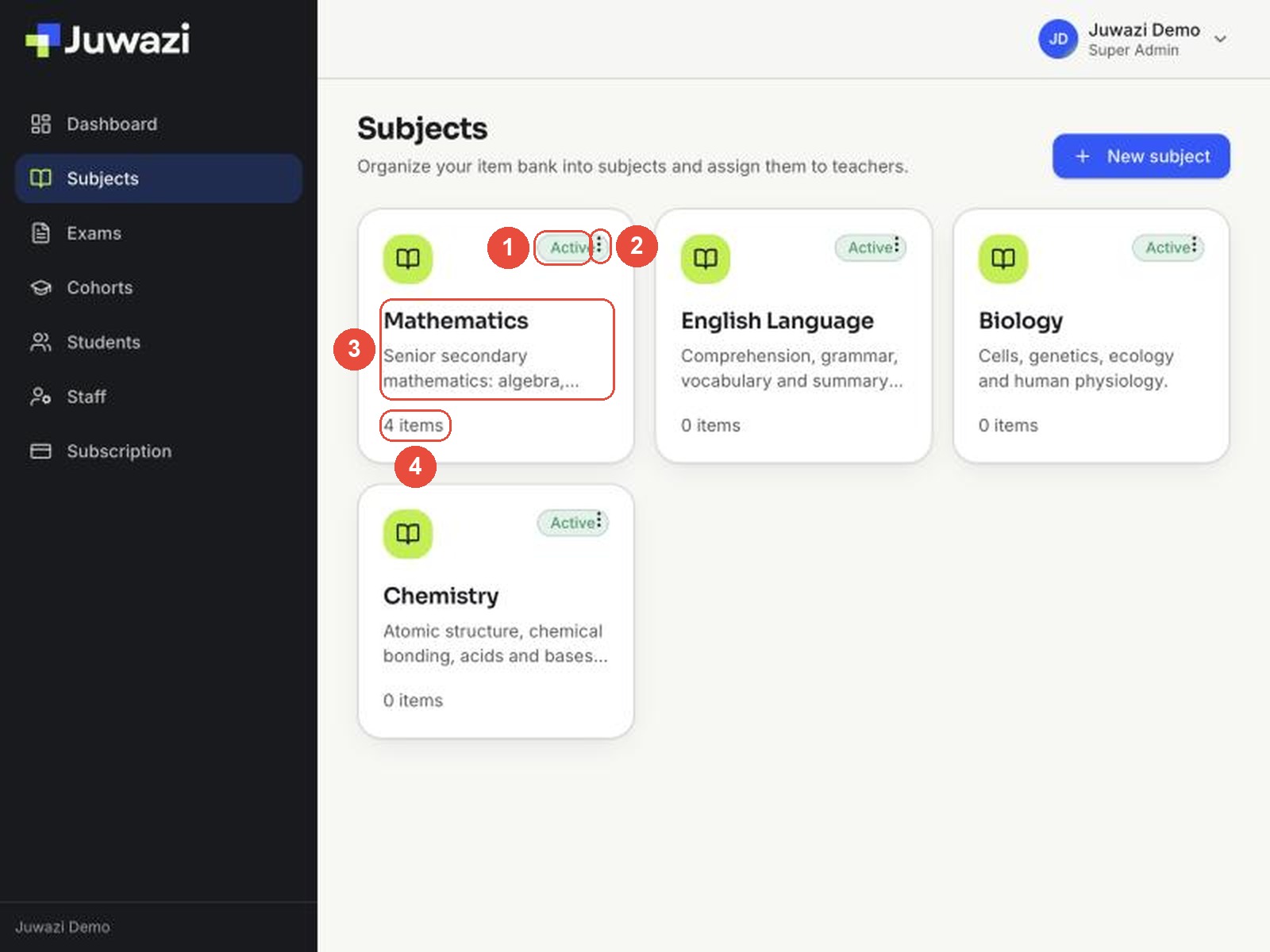 A subject card with callouts: 1 Active badge, 2 menu button, 3 name and description, 4 item count