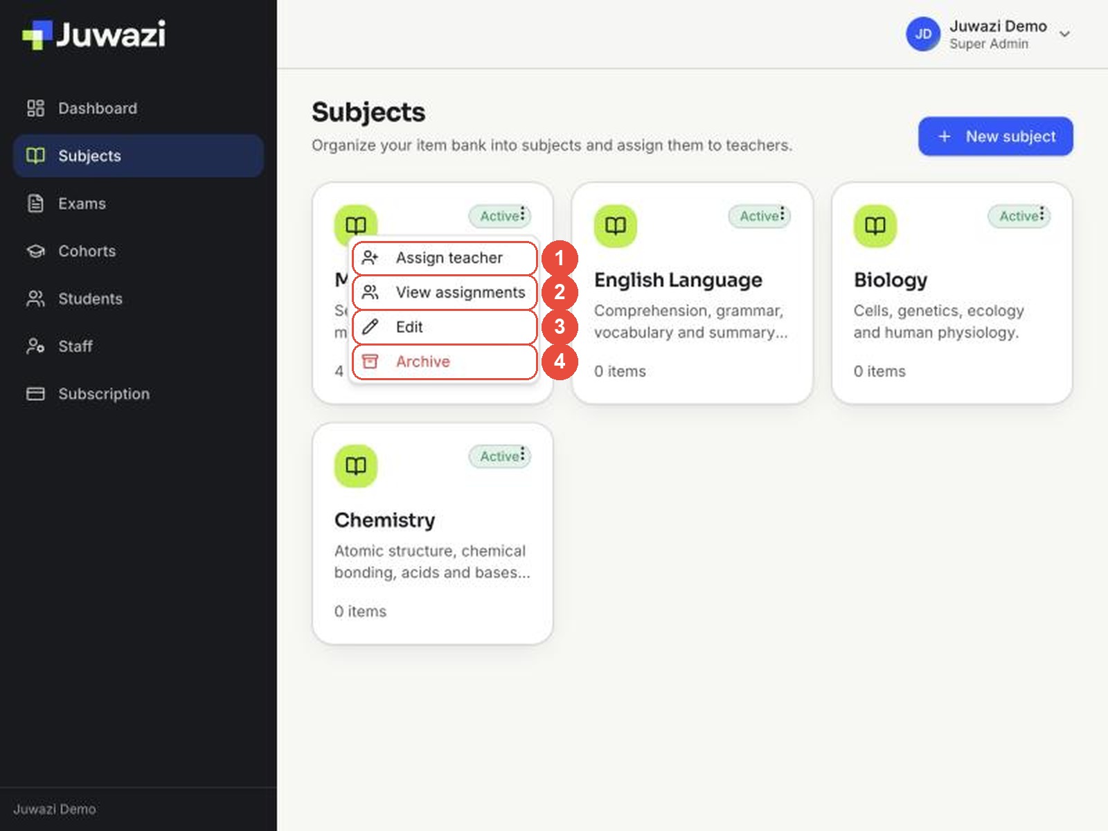 The menu open on the Mathematics card with callouts: 1 Assign teacher, 2 View assignments, 3 Edit, 4 Archive
