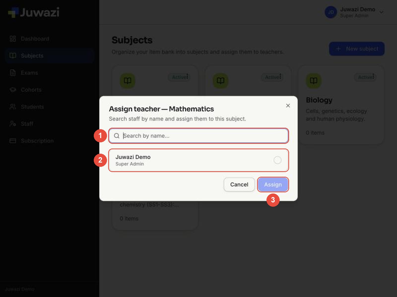 The Assign teacher picker with callouts: 1 search box, 2 a staff member to select, 3 Assign button