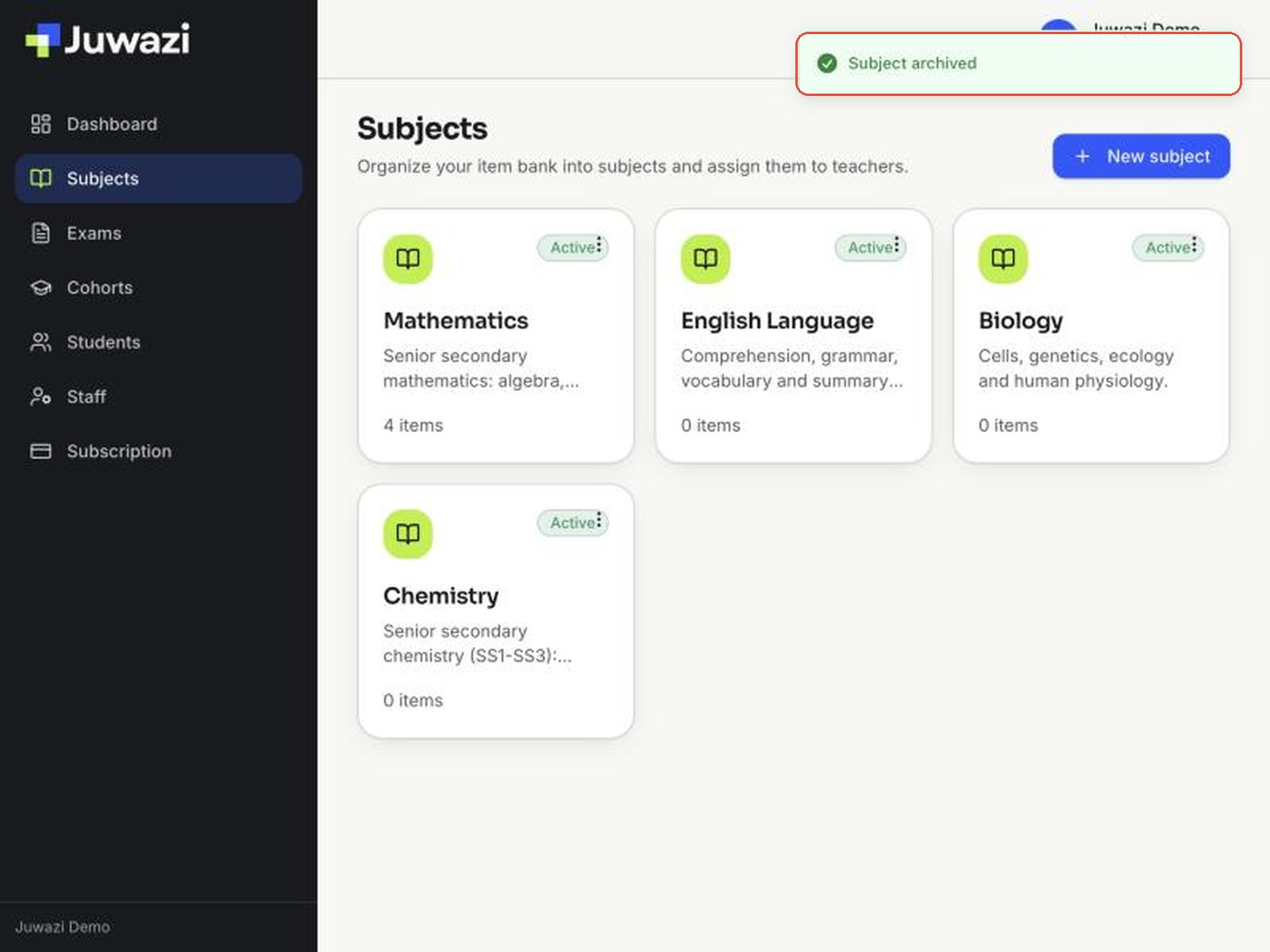 The Subjects page after archiving, with the Subject archived message highlighted