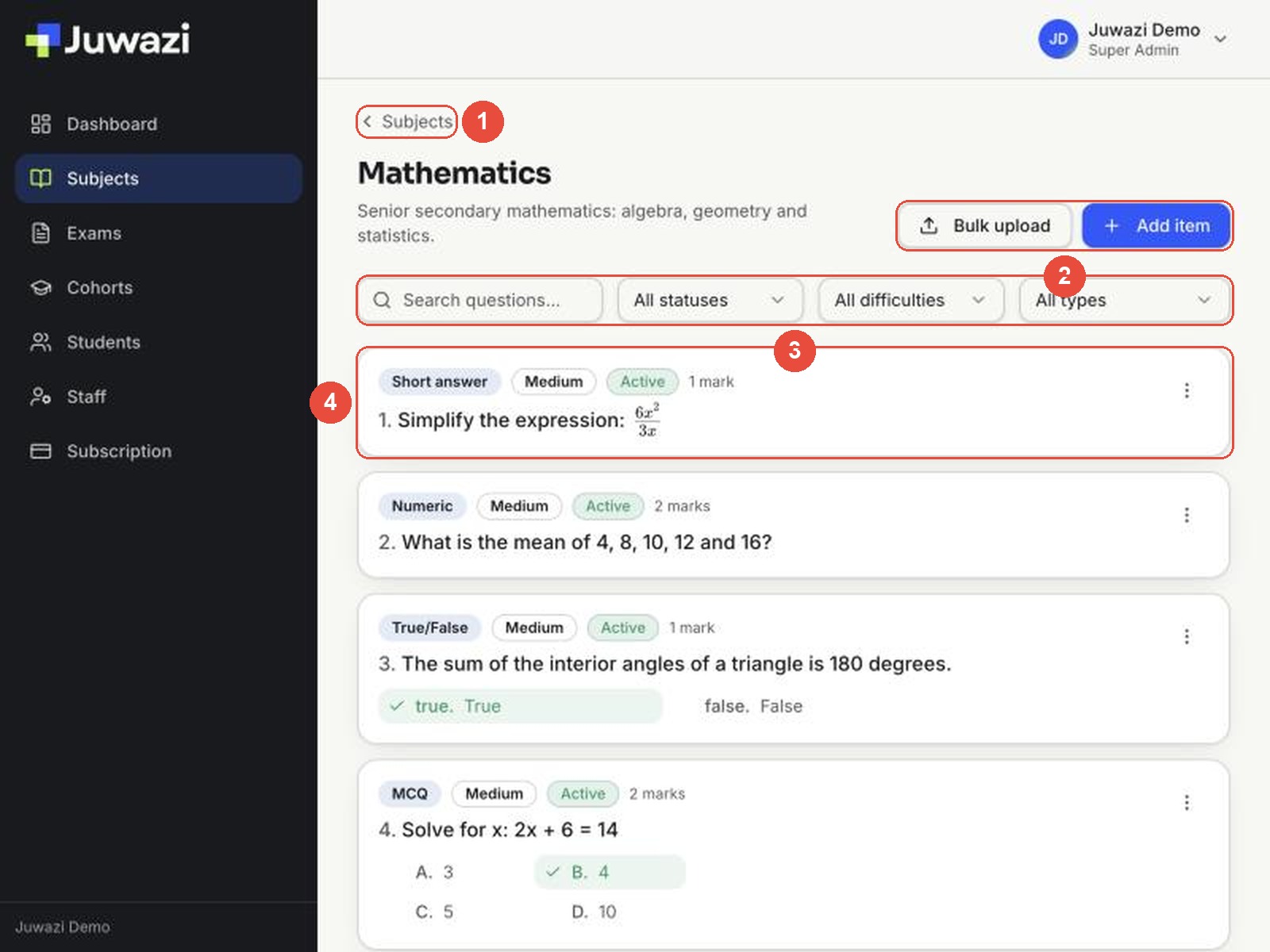 The Mathematics subject page with callouts: 1 back to Subjects, 2 Bulk upload and Add item, 3 search and filters, 4 a question card