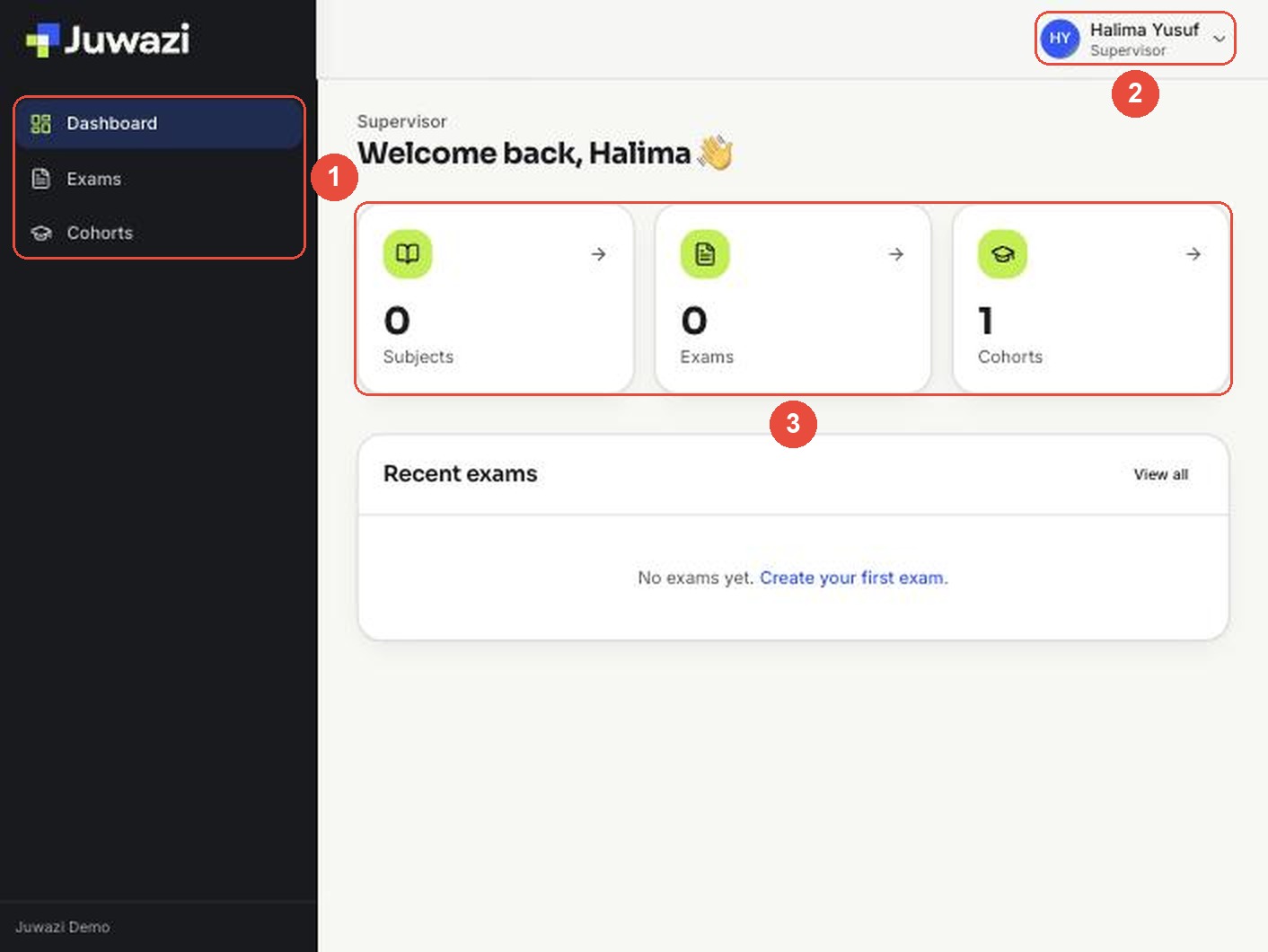 Supervisor dashboard with the menu, Supervisor label and counters marked