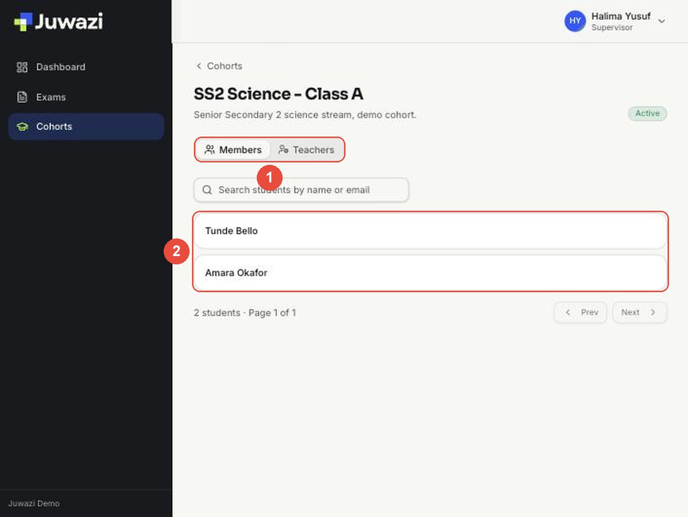 Class page with the Members and Teachers tabs and the student list marked