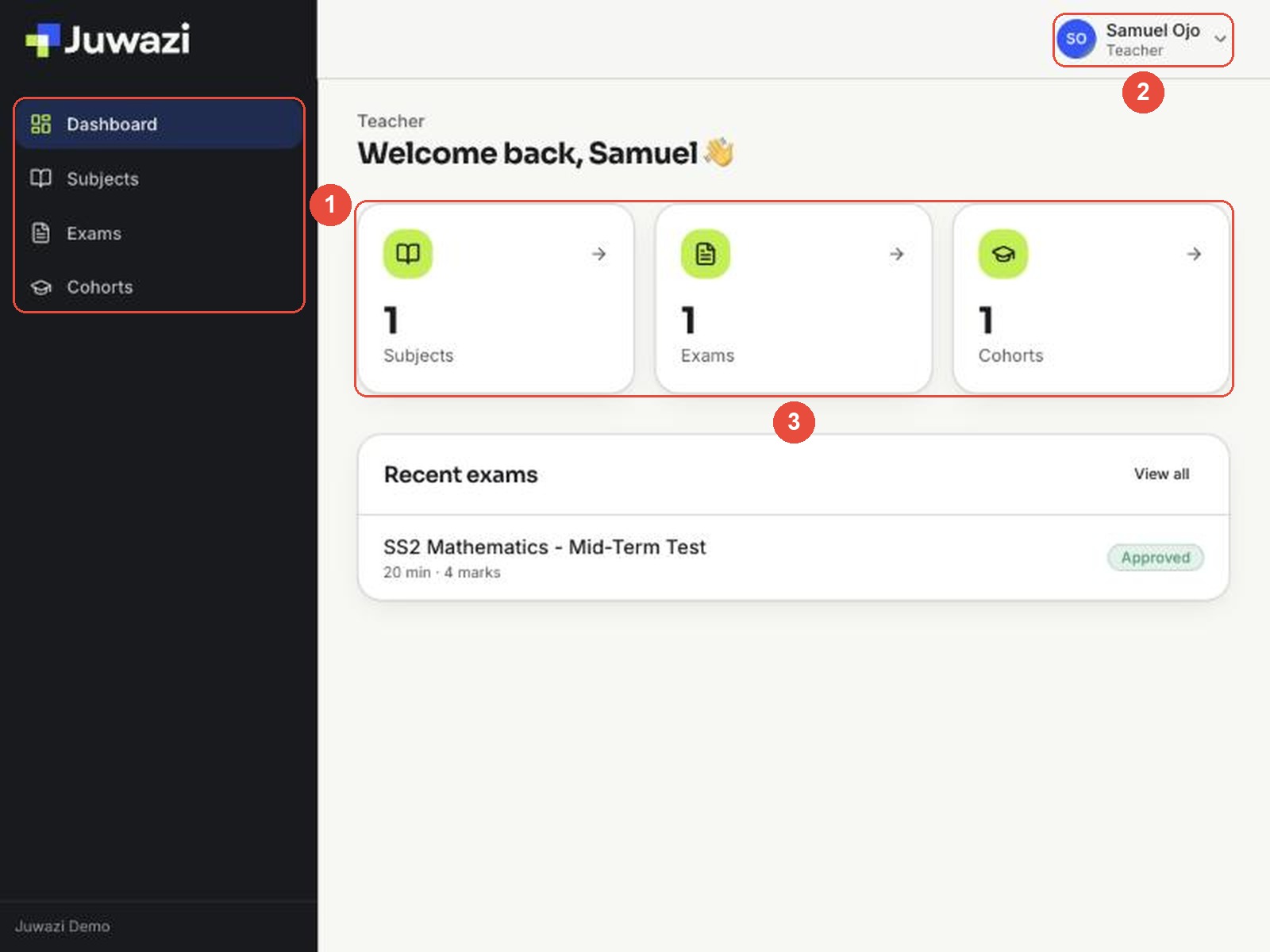 Teacher dashboard with the short menu, Teacher label and counters marked