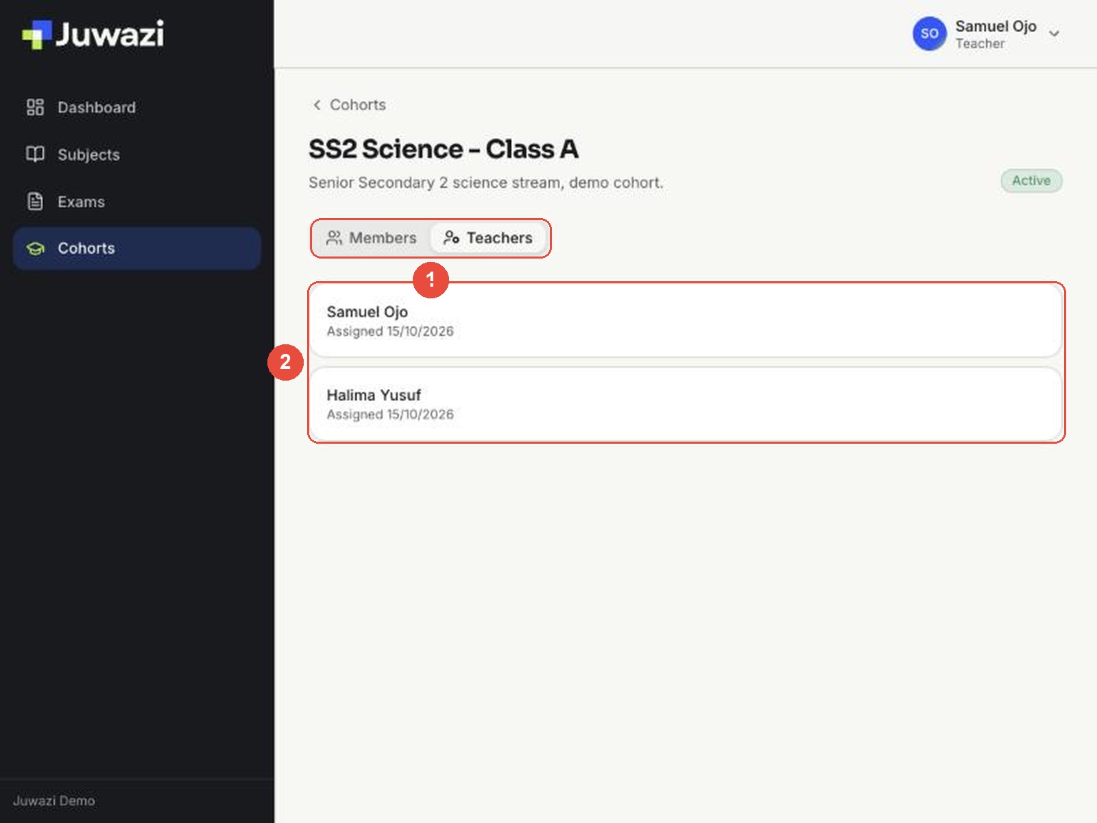 Class page with the Members and Teachers tabs and the list of assigned staff marked