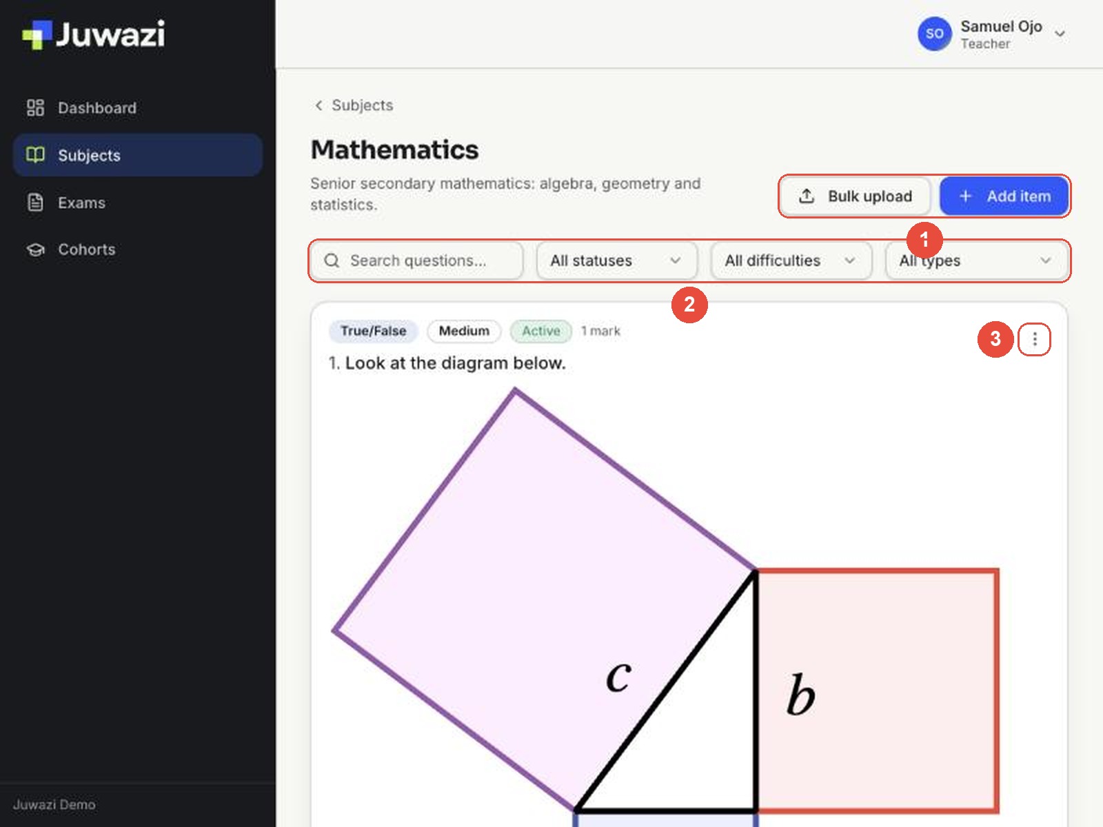 Mathematics item bank with Bulk upload, Add item, filters and the question menu marked