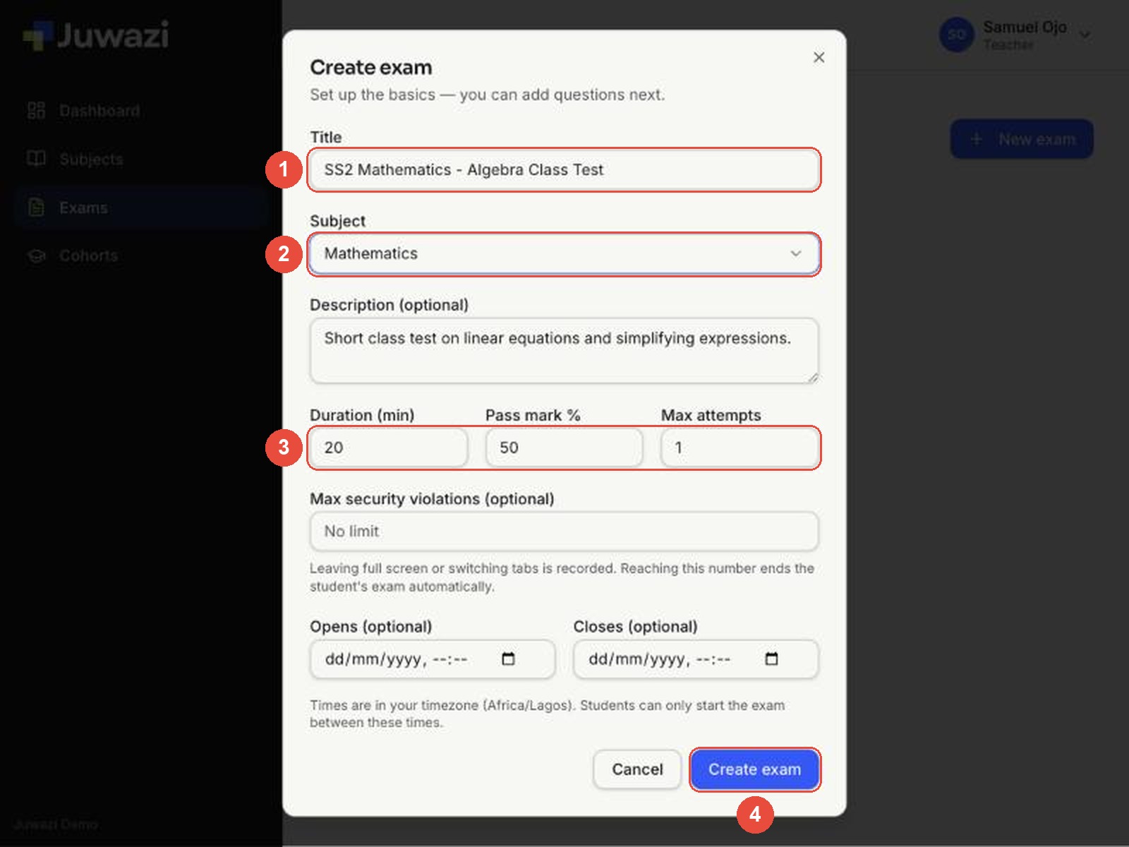 Create exam form with Title, Subject, Duration and Create exam marked