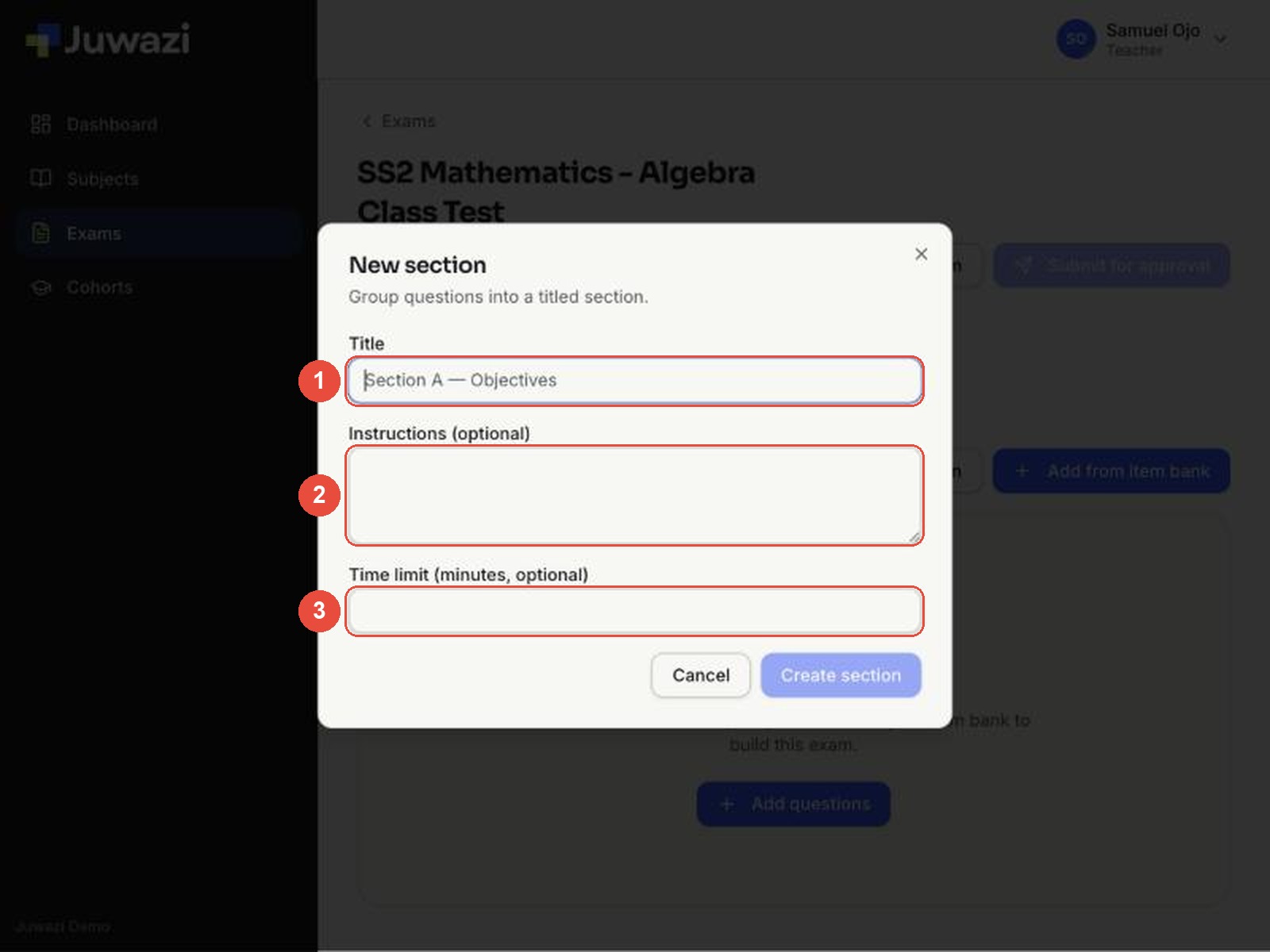 New section form with Title, Instructions and Time limit marked