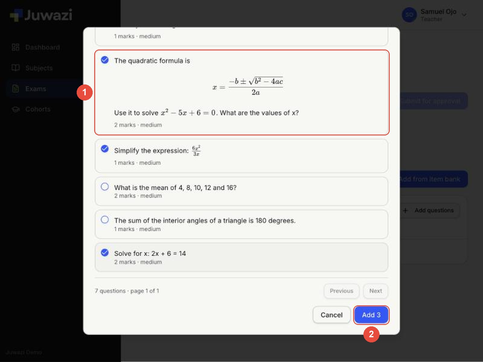 Add questions window with three questions ticked and the Add 3 button marked