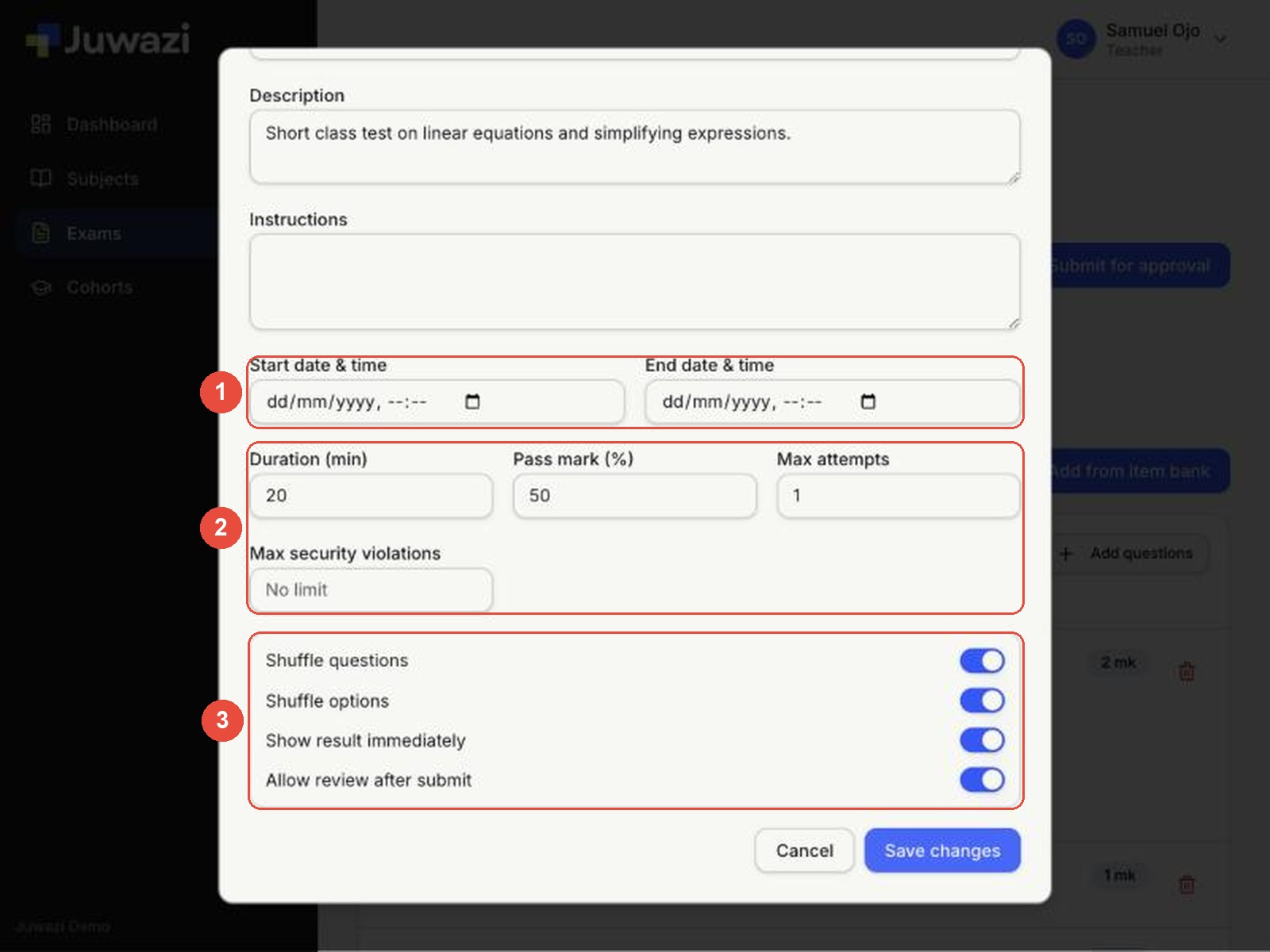 Edit exam settings with the dates, limits and delivery switches marked