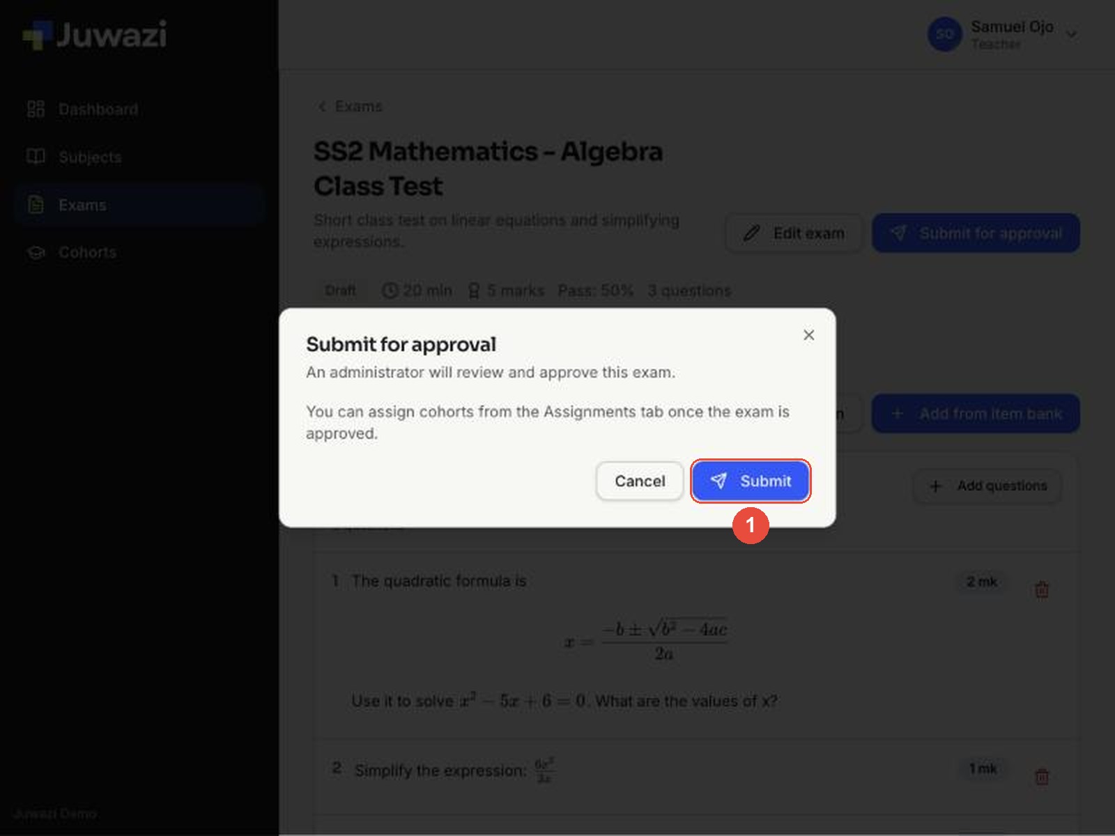 Submit for approval window with the Submit button marked