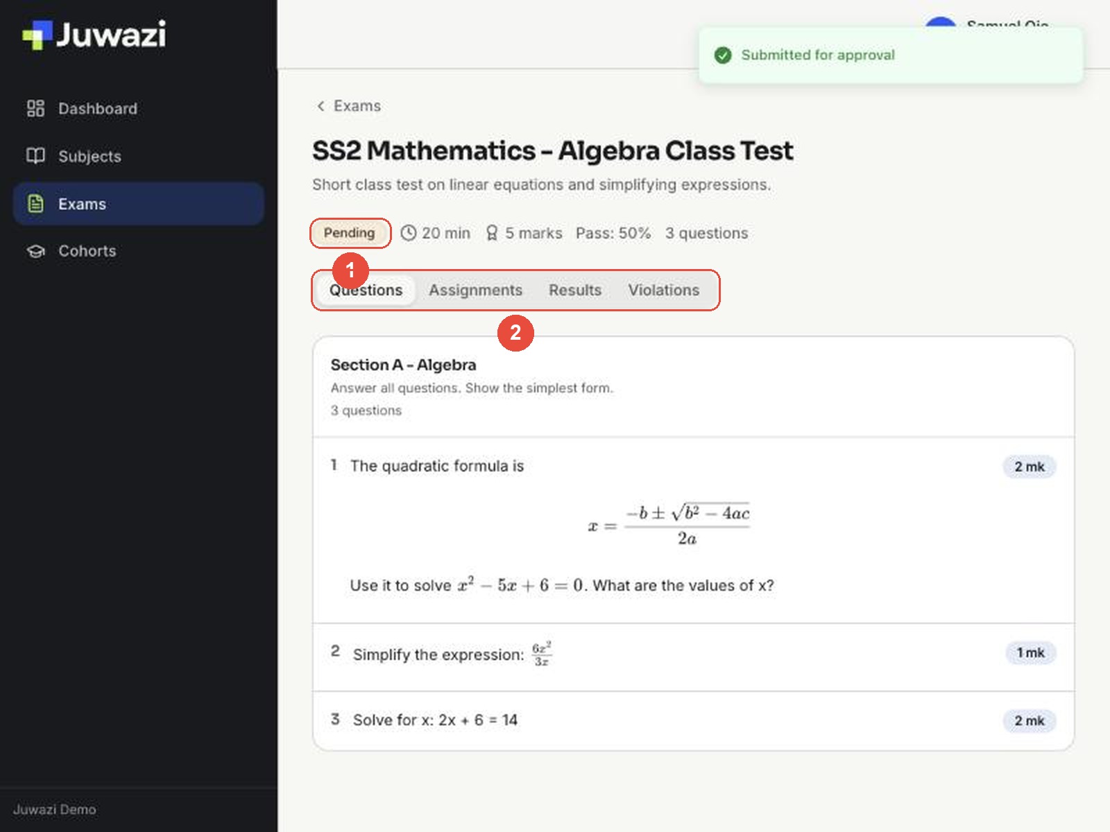 Submitted exam showing the Pending status and the exam tabs