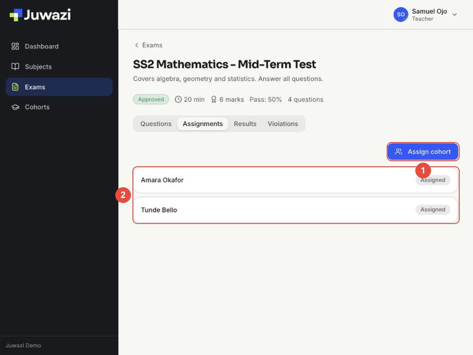 Assignments tab with the Assign cohort button and assigned students marked