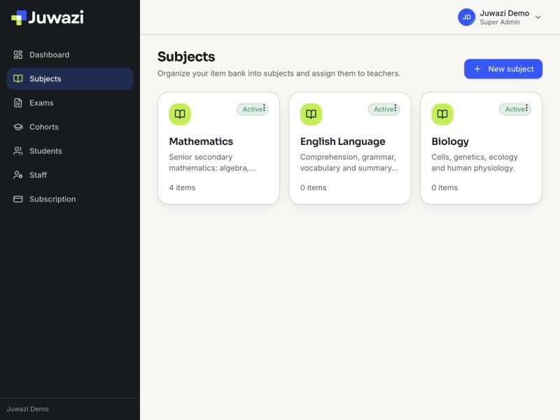 The Subjects page, showing Mathematics, English Language and Biology with their question counts