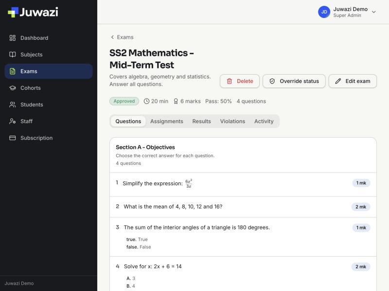 An exam's Questions tab showing Section A and four questions with their marks