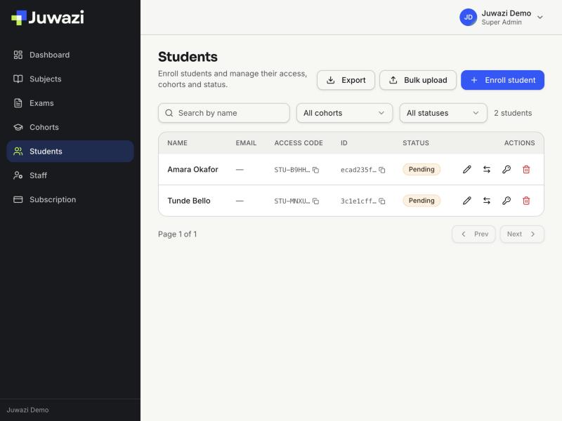 The Students page listing two students with their access codes and Pending status
