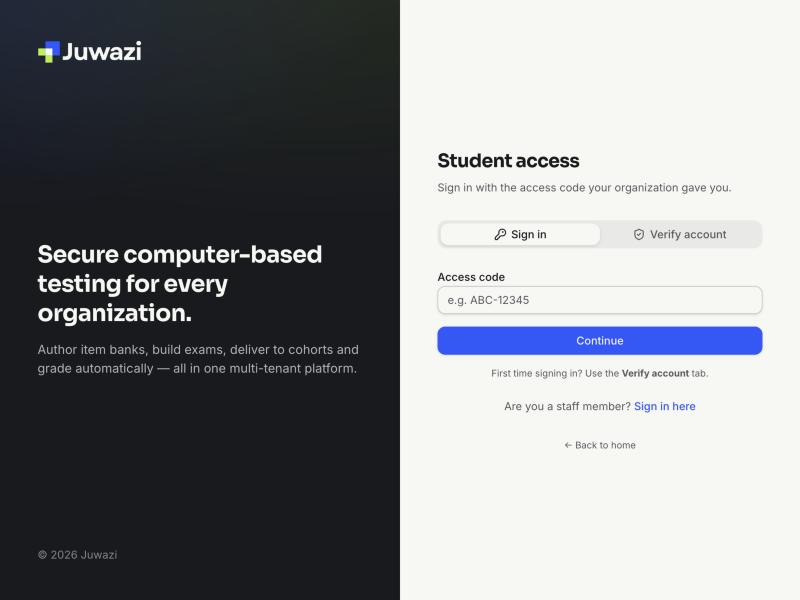 The Student access page with Sign in and Verify account tabs and an access code field
