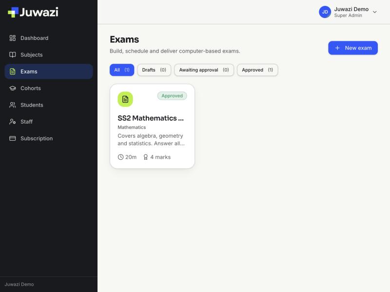 The Exams page with status filters and an approved exam card